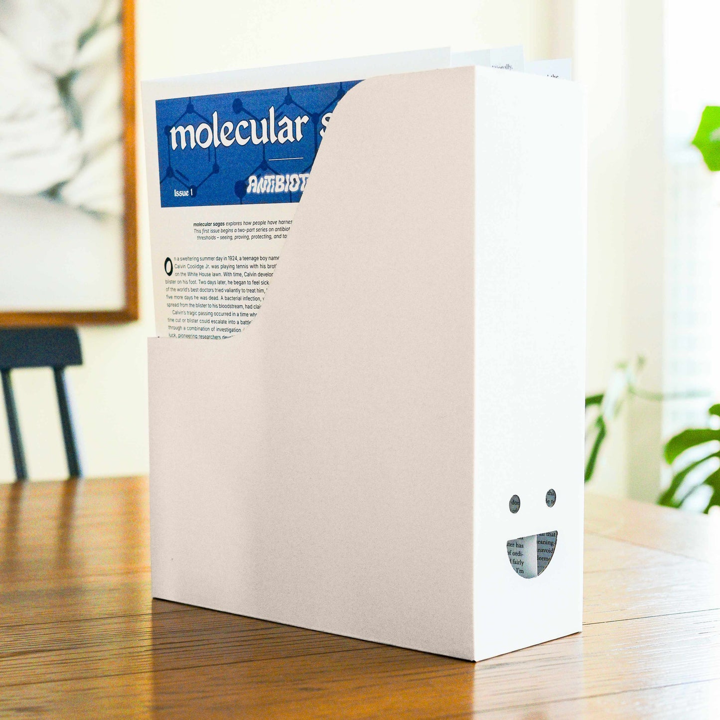 White cardboard box with a face-shaped cutout on the front, which holds several paper publications. It sits on a table.