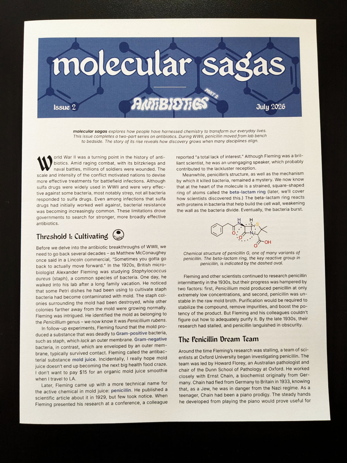 A publication titled "molecular sagas" with an "ANTIBIOTICS PART 2" subtitle. There are two columns of text and a drawing of a chemical structure.