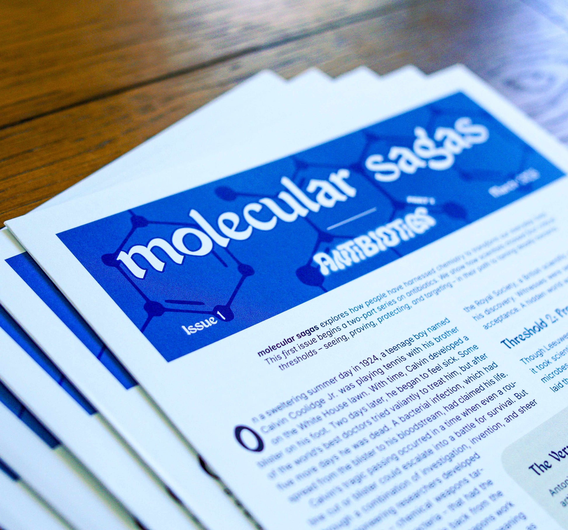 Stack of five paper publications titled 'molecular sagas' on a wooden background